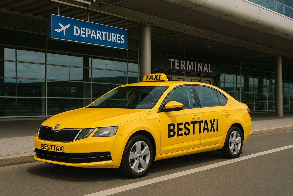 Besttaxi Erlangen: Ein freundlicher und professioneller Taxifahrer der Besttaxi GmbH in Uniform begrüßt Fahrgäste vor einem modernen Taxi in der Erlanger Innenstadt, bereit für die sichere Beförderung.