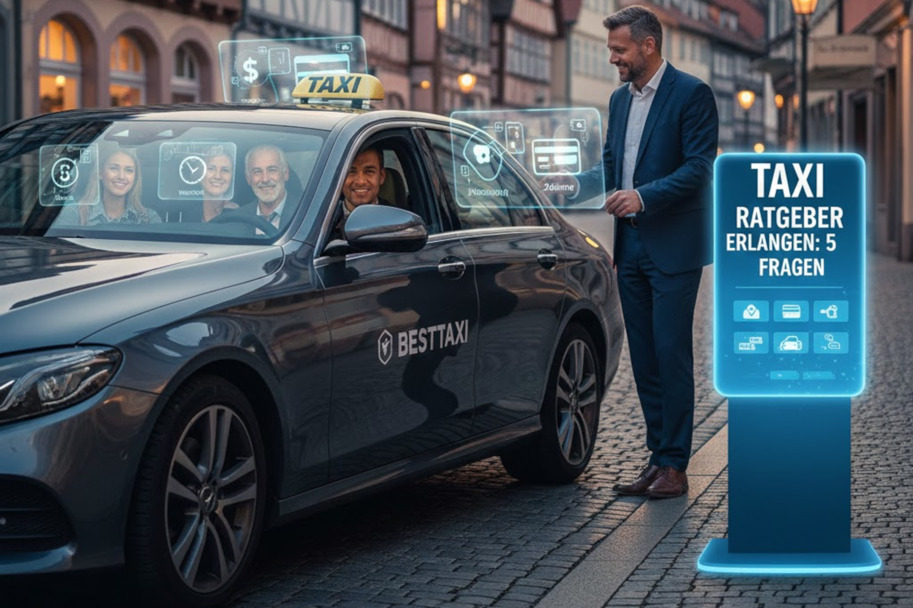 Taxi-Ratgeber Erlangen: Frau und Mann suchen auf dem Smartphone nach Taxi-Kosten und Buchungsdetails.