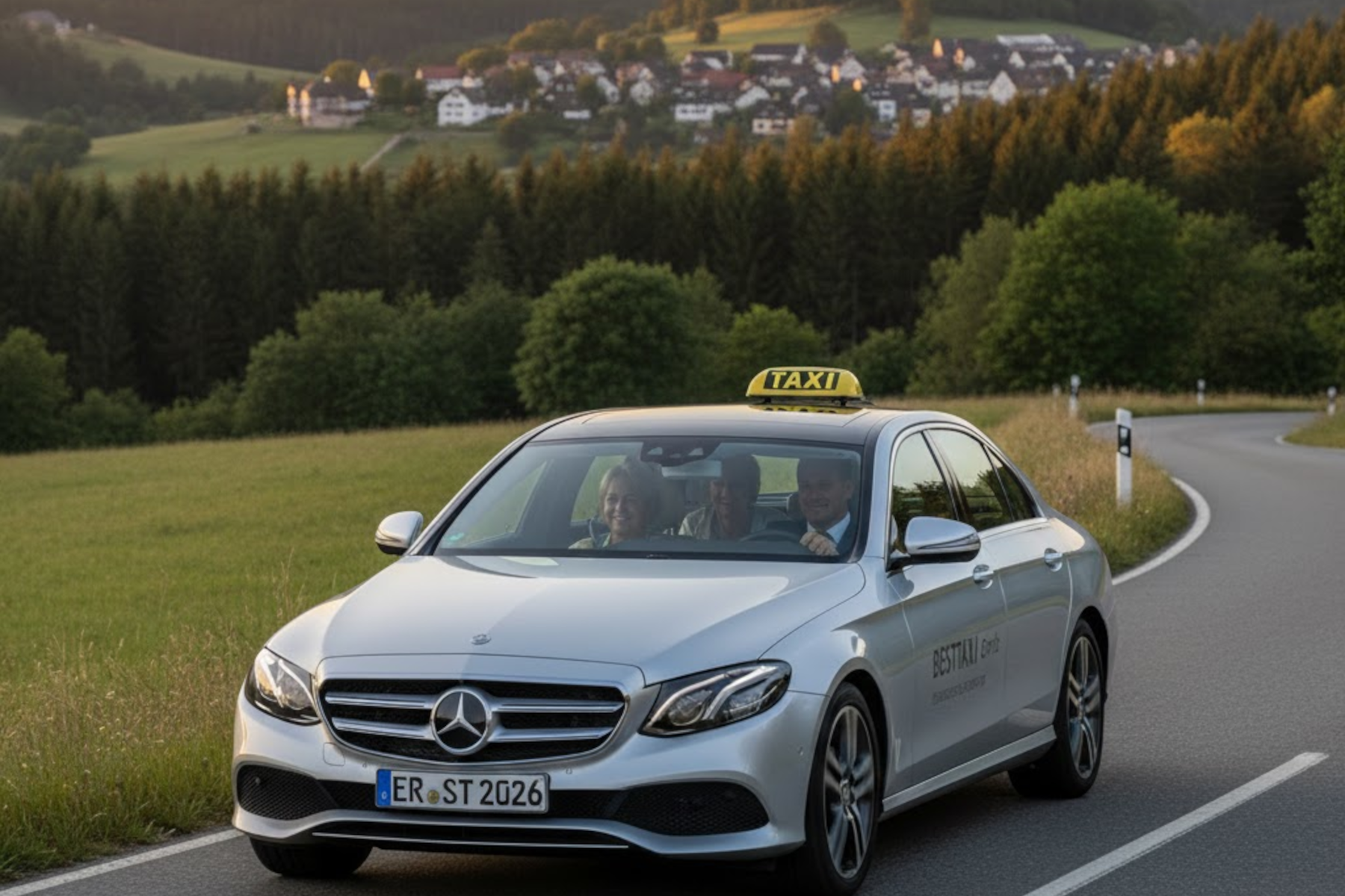 Ein modernes Besttaxi Fahrzeug auf einer kurvigen Landstraße im Erlanger Umland mit einer historischen Burg und einem Dorf im Hintergrund bei Sonnenuntergang.