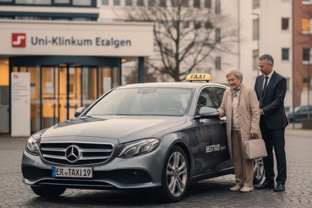 Ein sauberes, silbernes Taxi der Besttaxi GmbH parkt direkt vor dem Eingang eines modernen Krankenhauses in Erlangen.