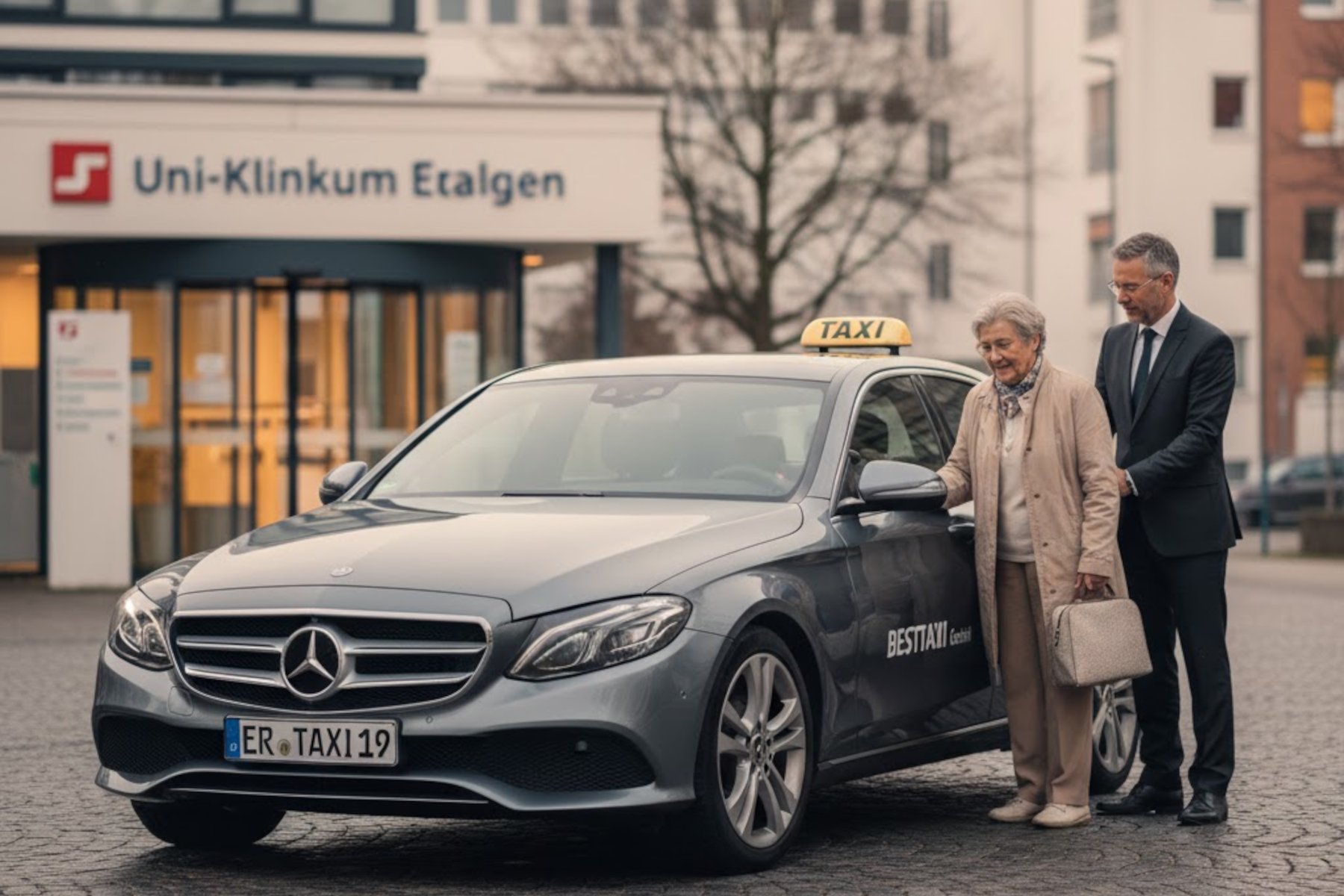 Ein sauberes, silbernes Taxi der Besttaxi GmbH parkt direkt vor dem Eingang eines modernen Krankenhauses in Erlangen.