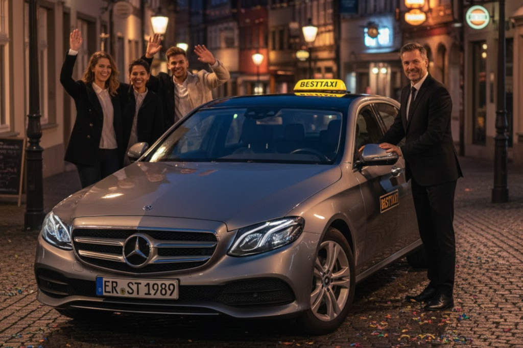 Das Bild zeigt die Atmosphäre des nächtlichen Erlangens mit Fokus auf die Mobilität und Sicherheit durch den Taxi-Service. Die warme Beleuchtung der Stadt im Hintergrund unterstreicht das Thema Event-Fahrten und Nightlife-Service von Besttaxi.