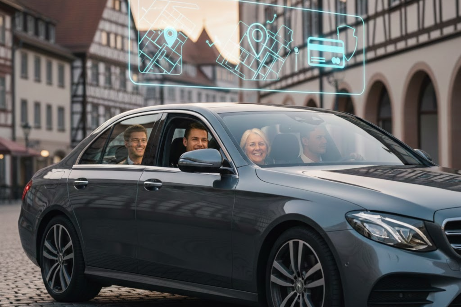 Besttaxi in Erlangen: Modernes Taxi mit Fahrgästen und digitaler Routenplanung