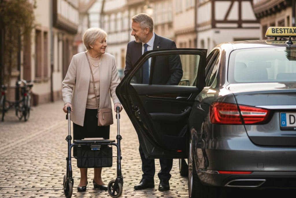Ein freundlicher Besttaxi-Fahrer hilft einer Seniorin in Erlangen beim sicheren Einsteigen in ein modernes Taxi.