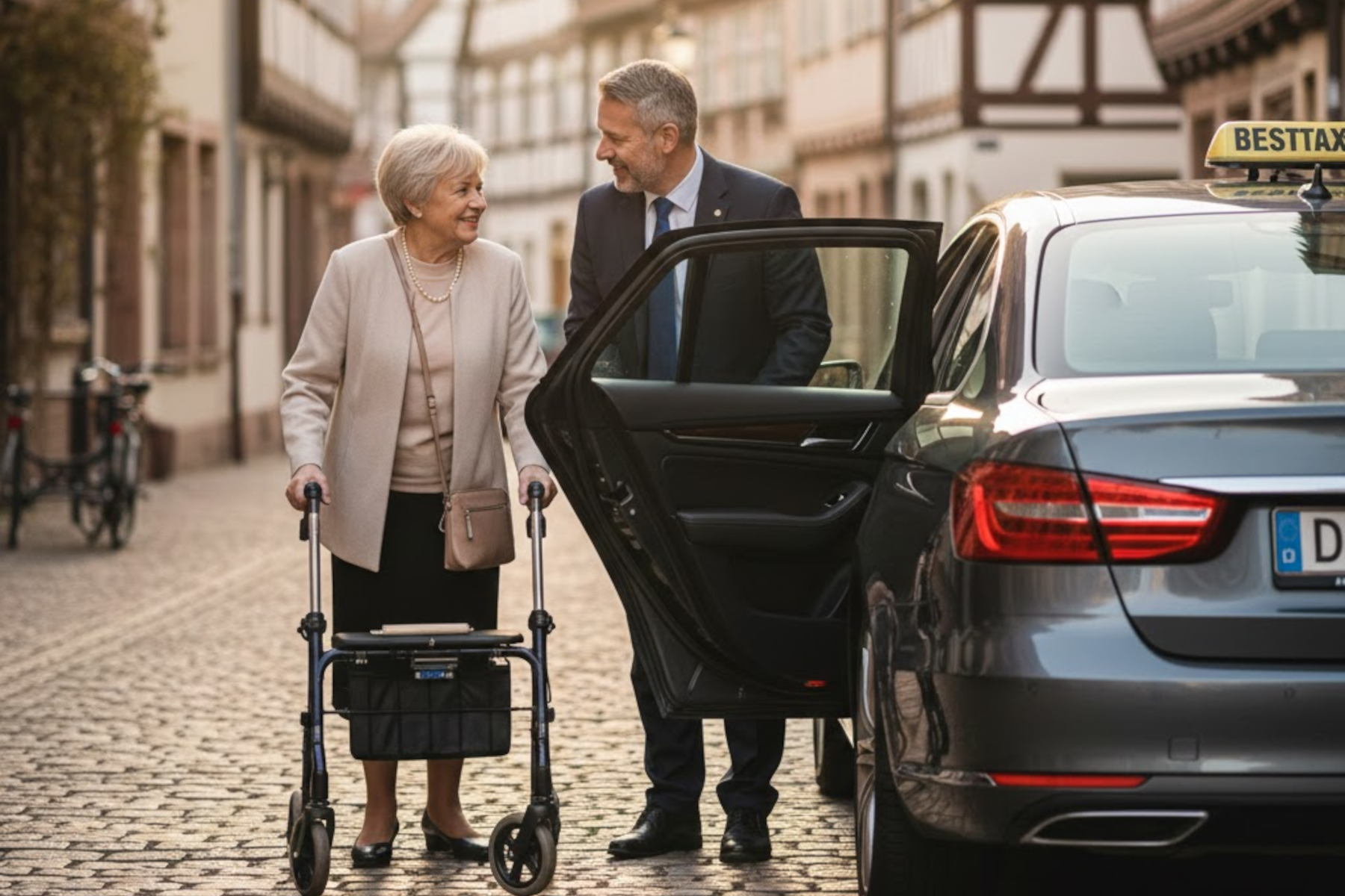 Ein freundlicher Besttaxi-Fahrer hilft einer Seniorin in Erlangen beim sicheren Einsteigen in ein modernes Taxi.